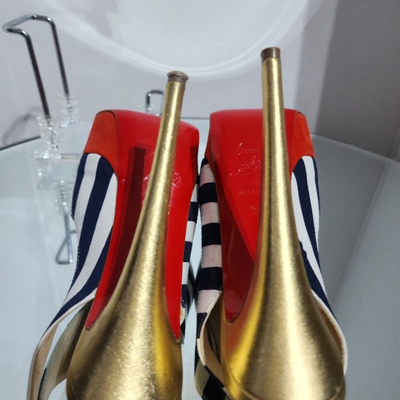 Christian Louboutin Lady Peep Sling 150 Toile Rayee Stripe Pumps Heels Size 35 - Picture 5 of 12